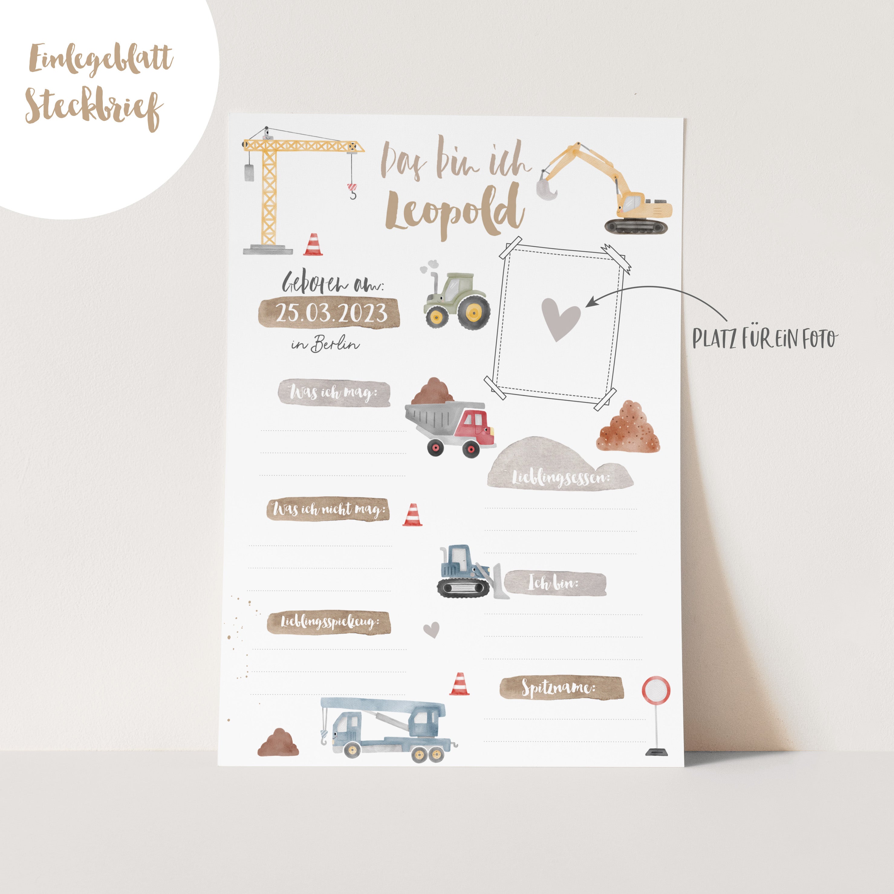 Aufkleber/Sticker für den Kindergartenordner / Kitaordner + Einlegeblatt - Baustelle/Baufahrzeuge