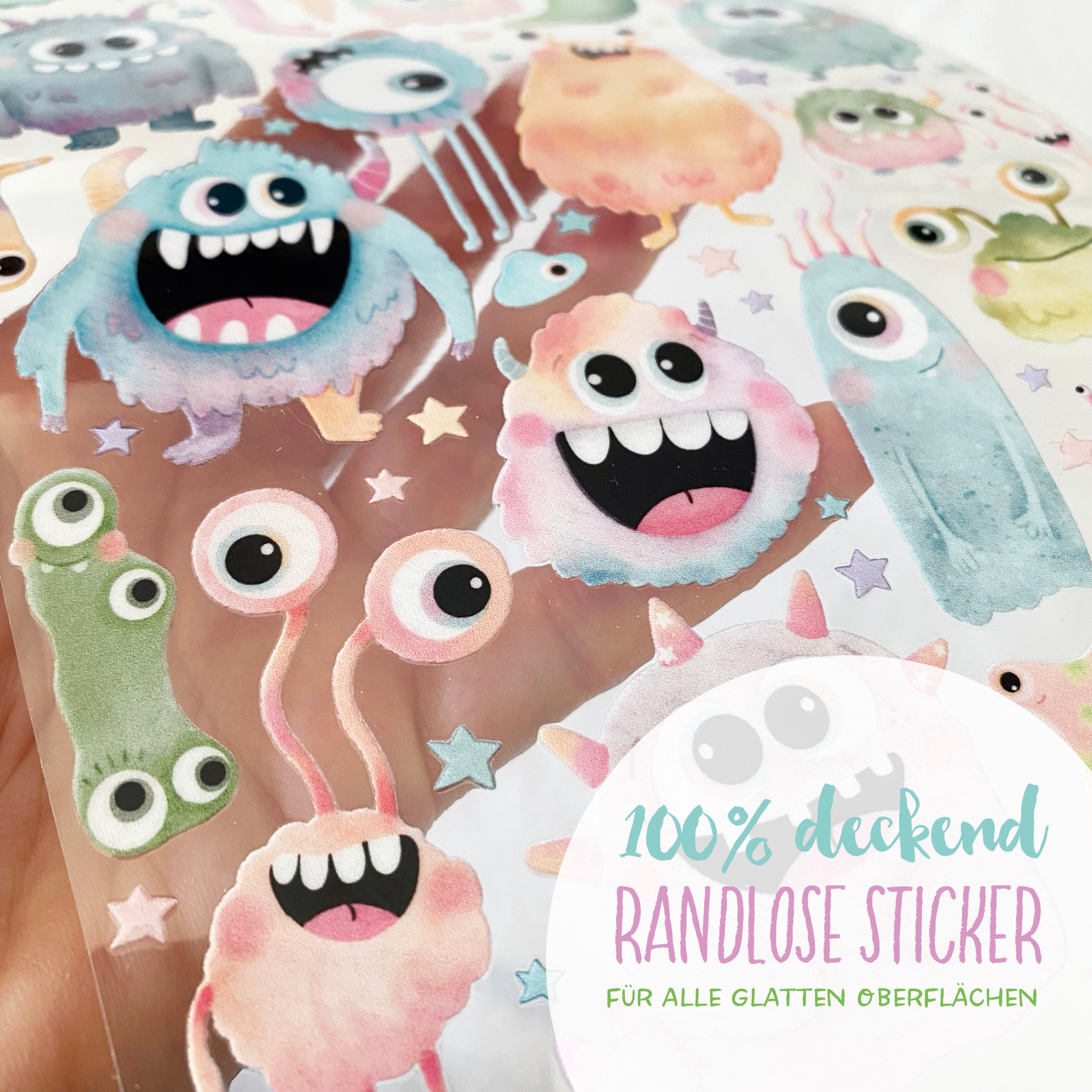 RANDLOSE Sticker / Rub on / für alle glatten Oberflächen / für die Trinkflaschen/Brotdose/ Fahrrad/robust /für innen und außen - Monster