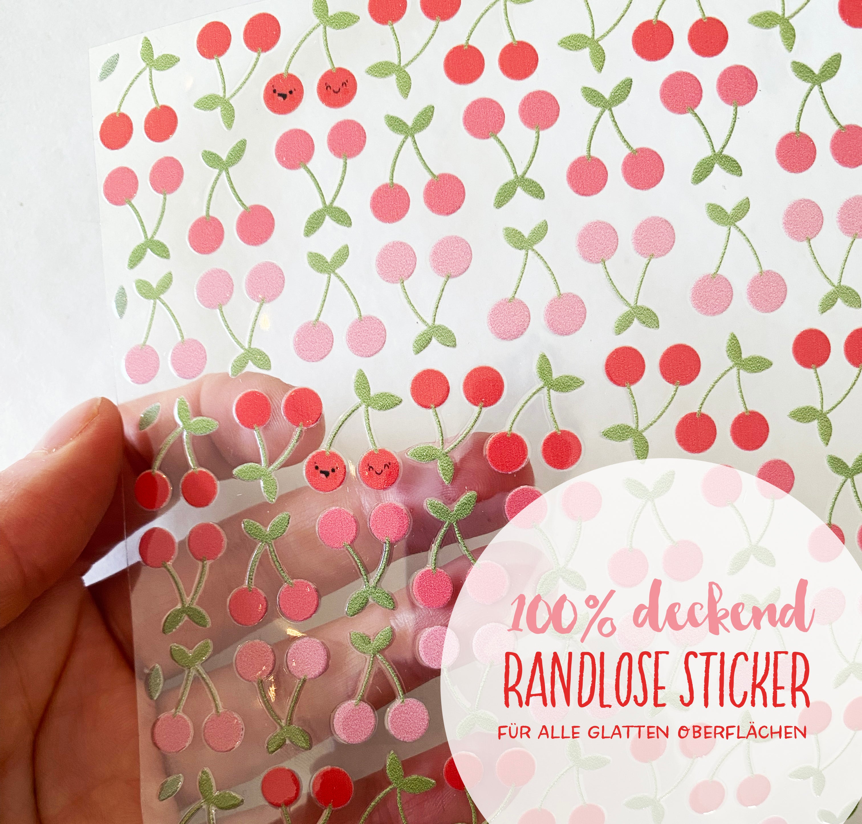 RANDLOSE Sticker / Rub on / für alle glatten Oberflächen / für die Trinkflaschen/Brotdose/ Fahrrad/robust /für innen und außen - Kirschen
