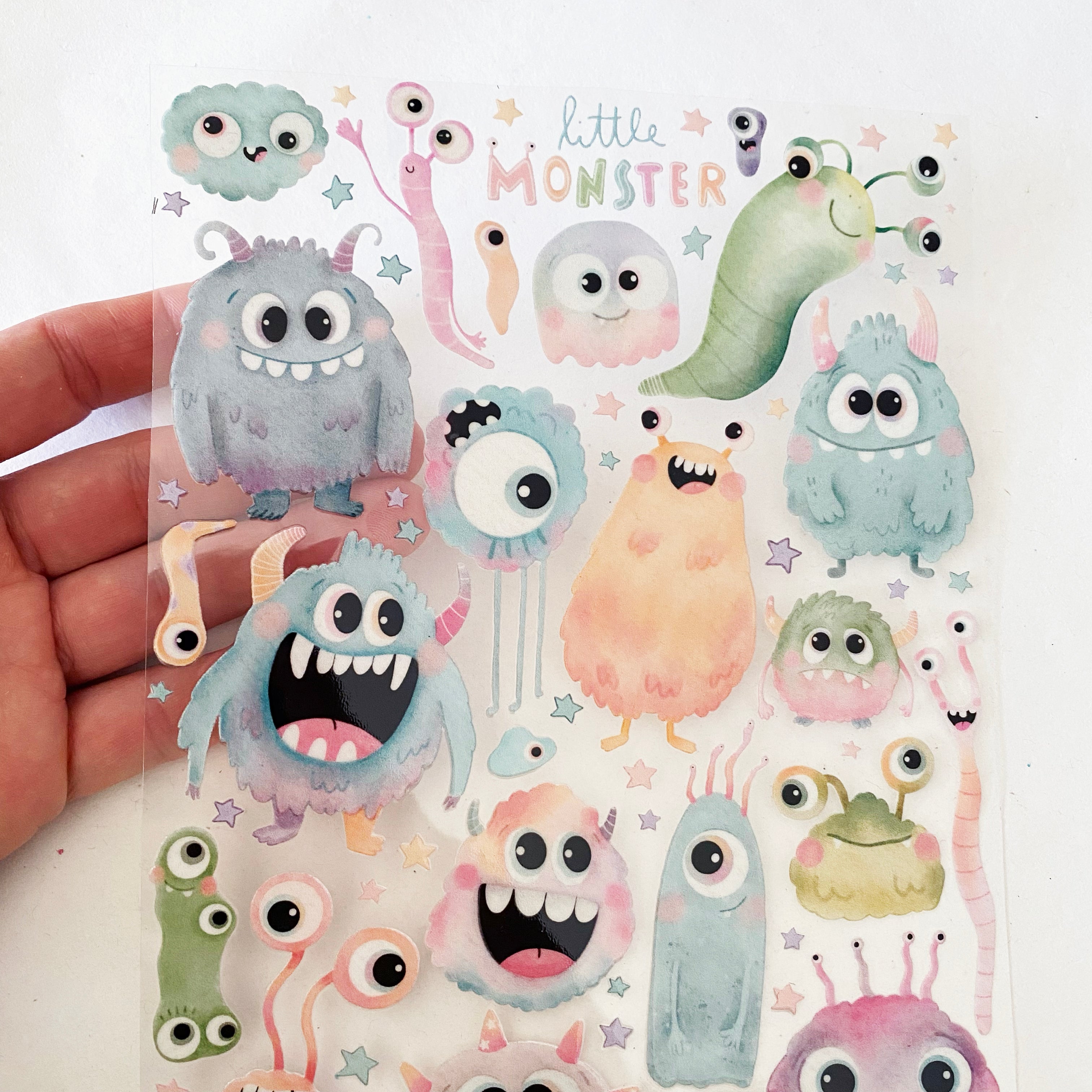 RANDLOSE Sticker / Rub on / für alle glatten Oberflächen / für die Trinkflaschen/Brotdose/ Fahrrad/robust /für innen und außen - Monster