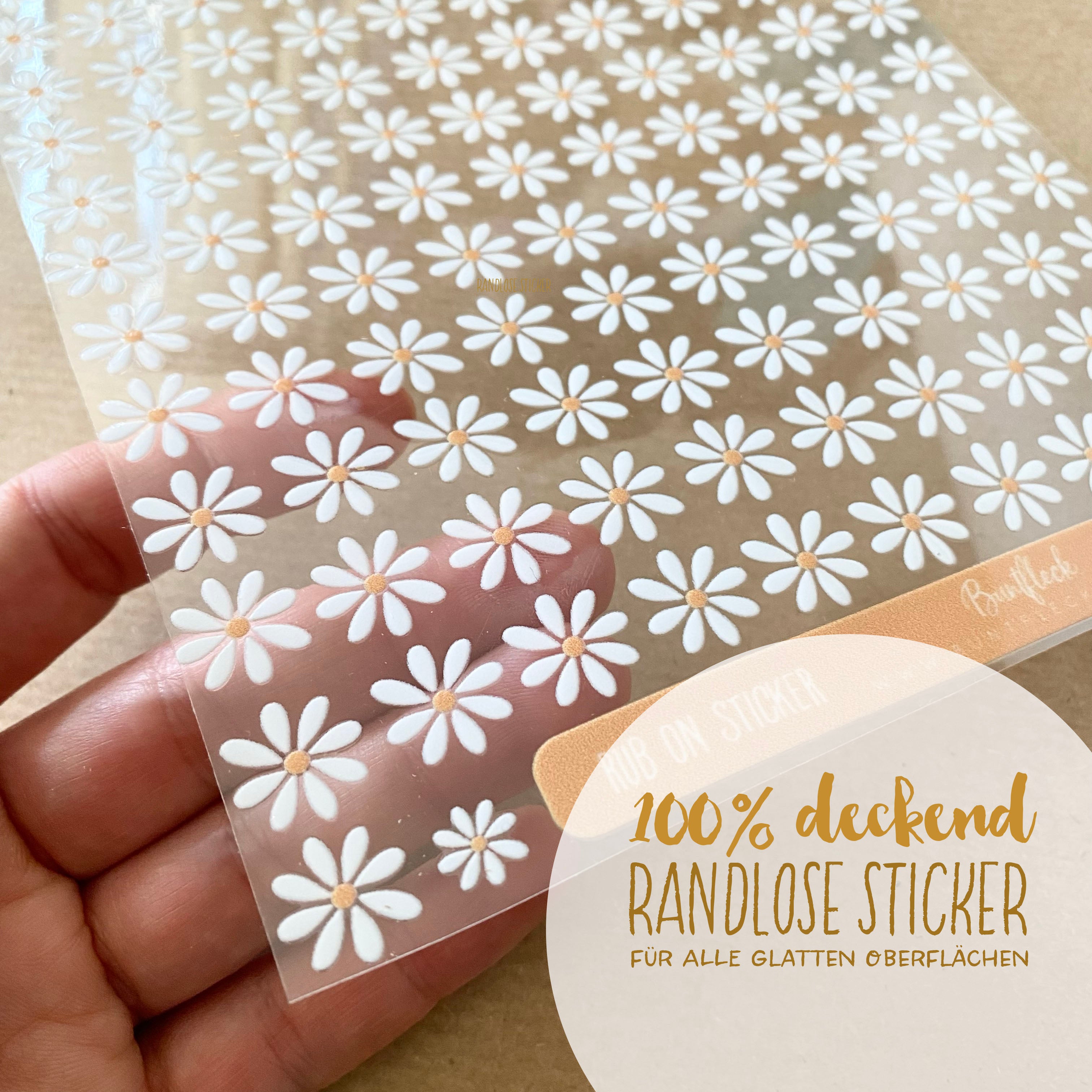 RANDLOSE Sticker / Rub on / für alle glatten Oberflächen / für die Trinkflaschen/Brotdose/ Fahrrad/robust /für innen und außen - Gänseblümchen