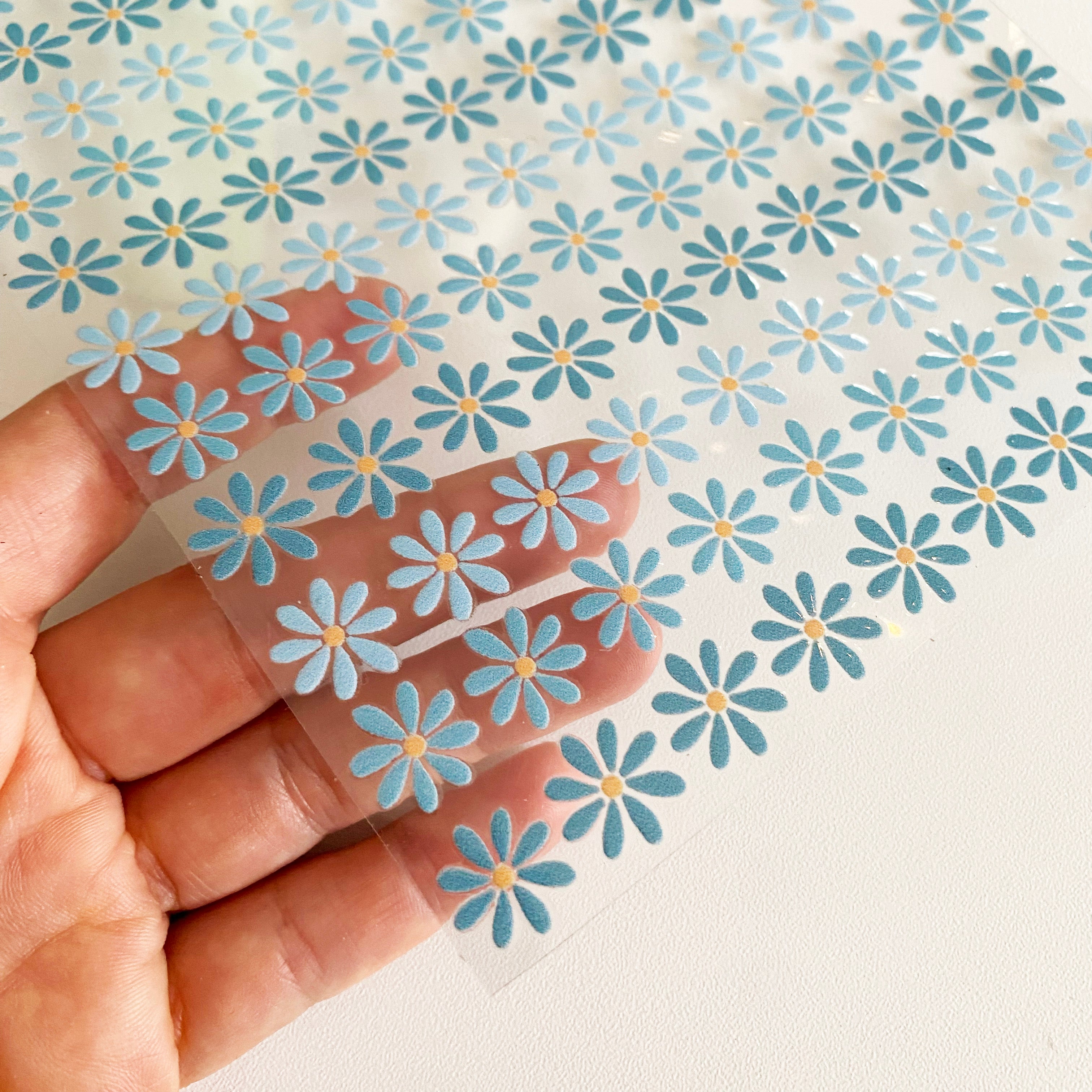 Rub-on Sticker Gänseblümchen in blau wasserfest-für Glas,Holz,Metall & Kunststoff,ohne Rand