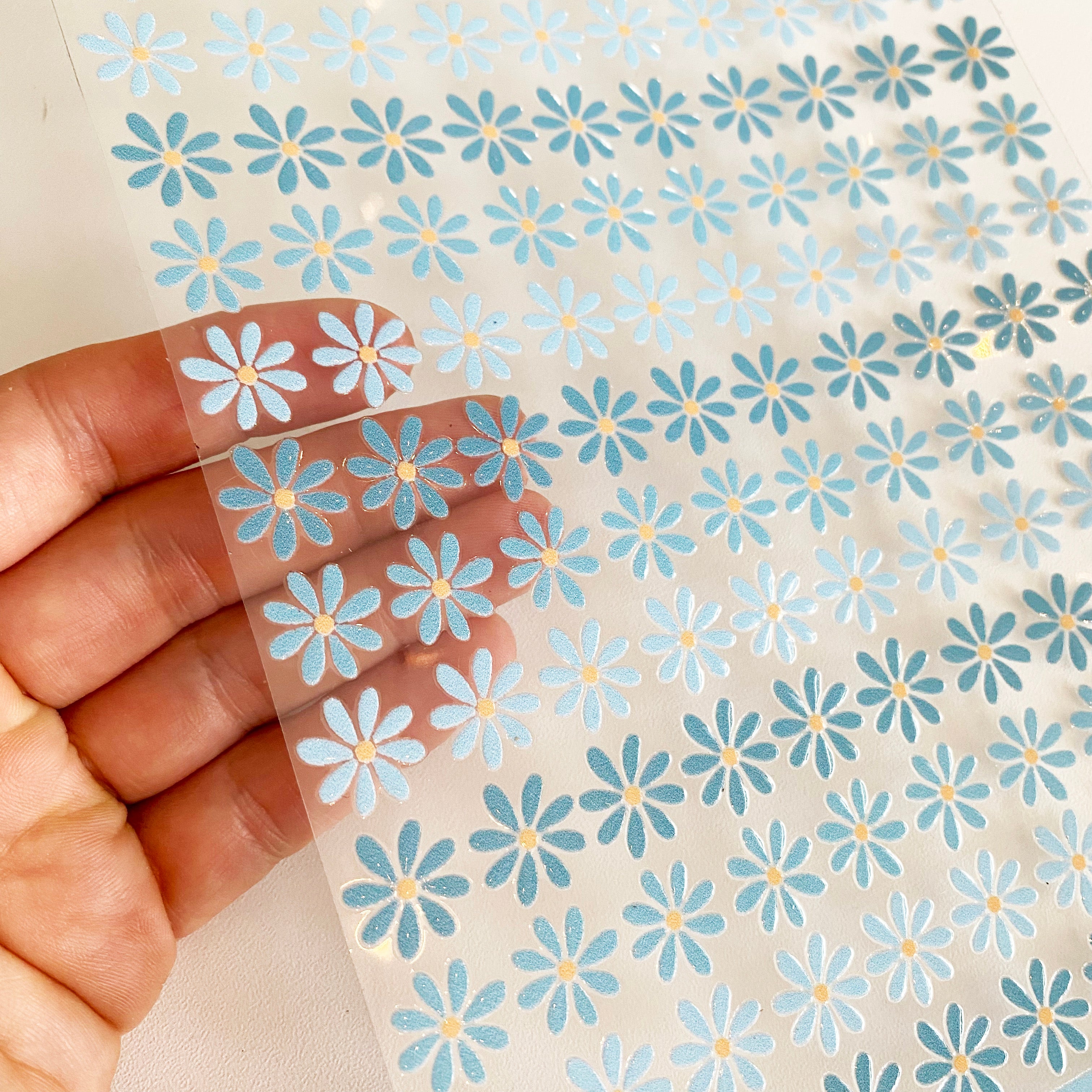Rub-on Sticker Gänseblümchen in blau wasserfest-für Glas,Holz,Metall & Kunststoff,ohne Rand