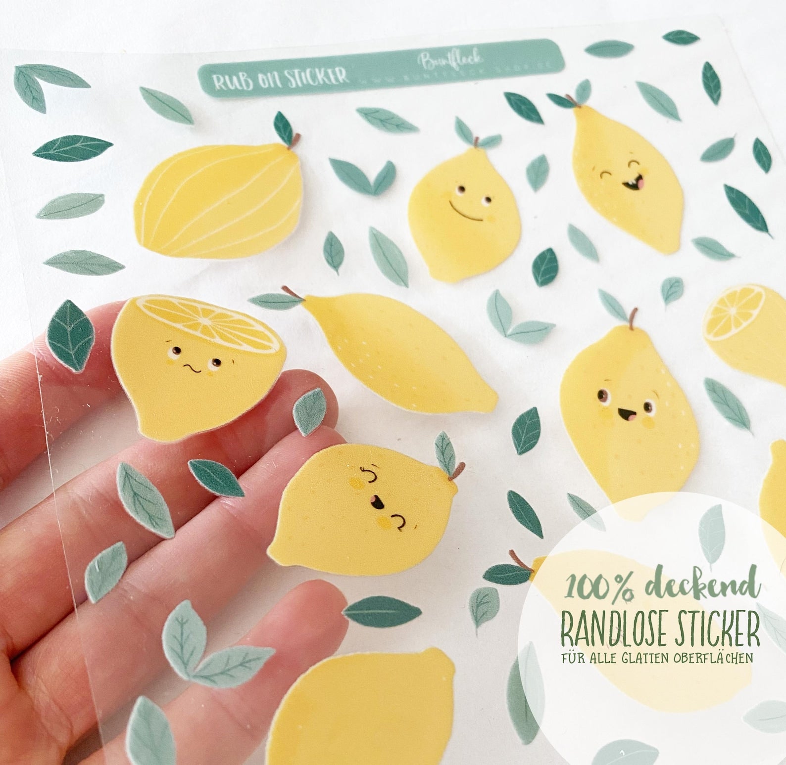 RANDLOSE Sticker / Rub on / für alle glatten Oberflächen / für die Trinkflaschen/Brotdose/ Fahrrad/robust /für innen und außen - süße Zitronen