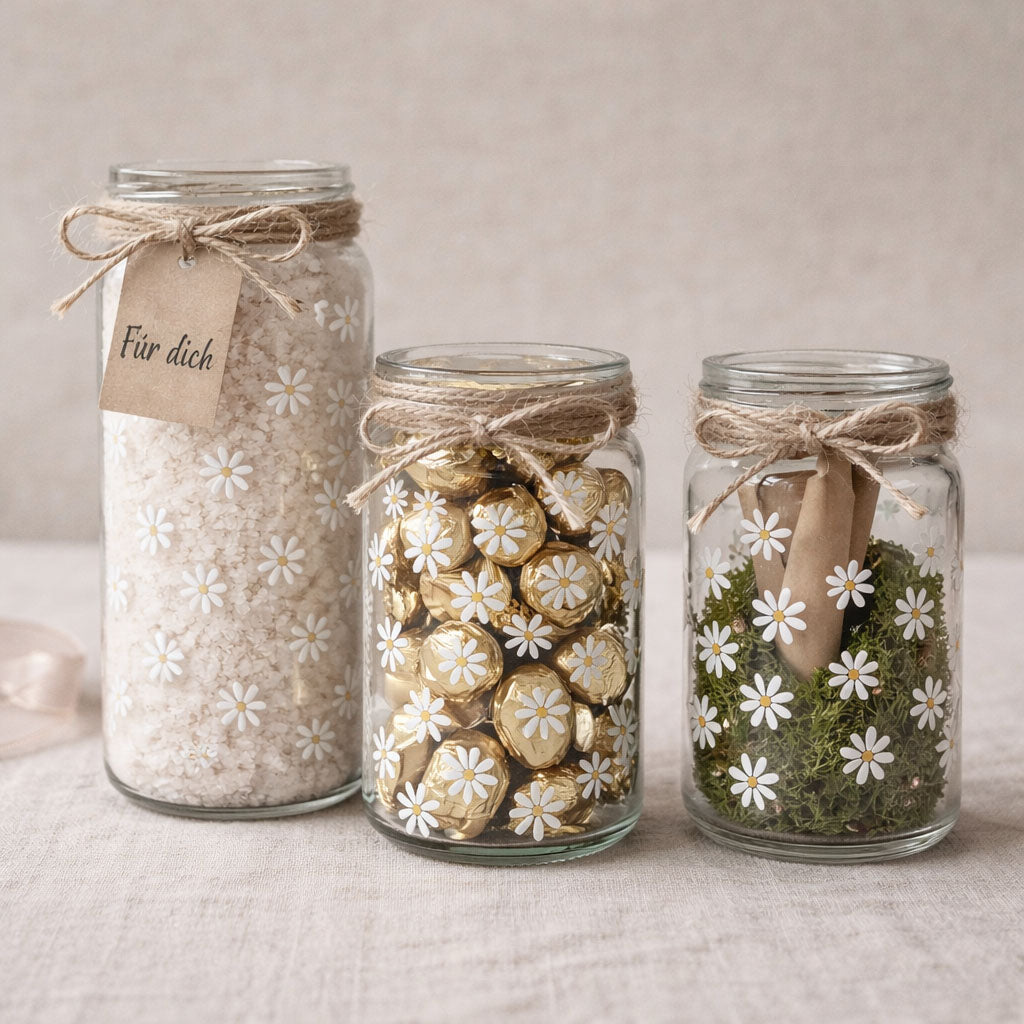 RANDLOSE Sticker / Rub on / für alle glatten Oberflächen / für die Trinkflaschen/Brotdose/ Fahrrad/robust /für innen und außen - Gänseblümchen