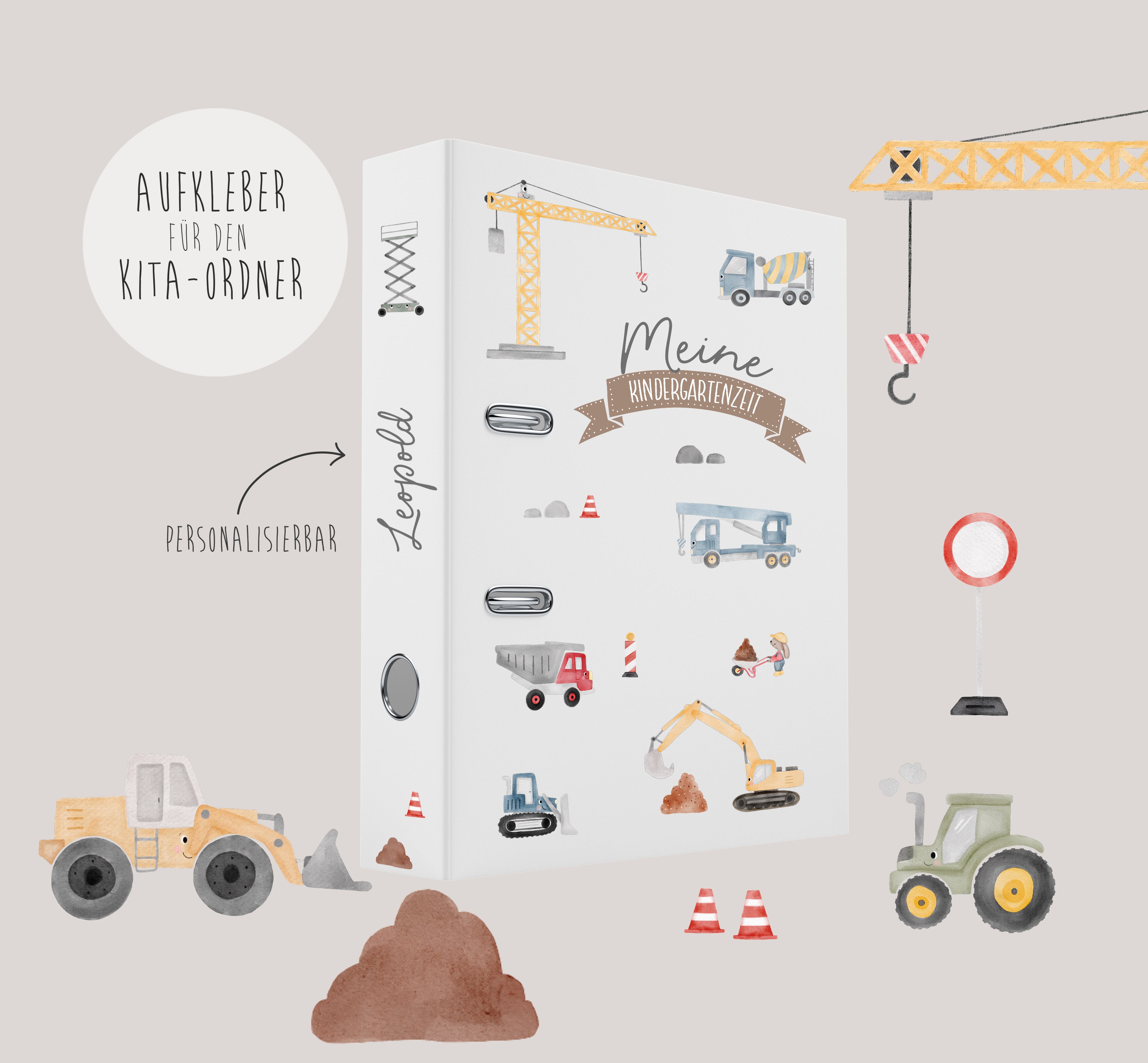 Aufkleber/Sticker für den Kindergartenordner / Kitaordner + Einlegeblatt - Baustelle/Baufahrzeuge