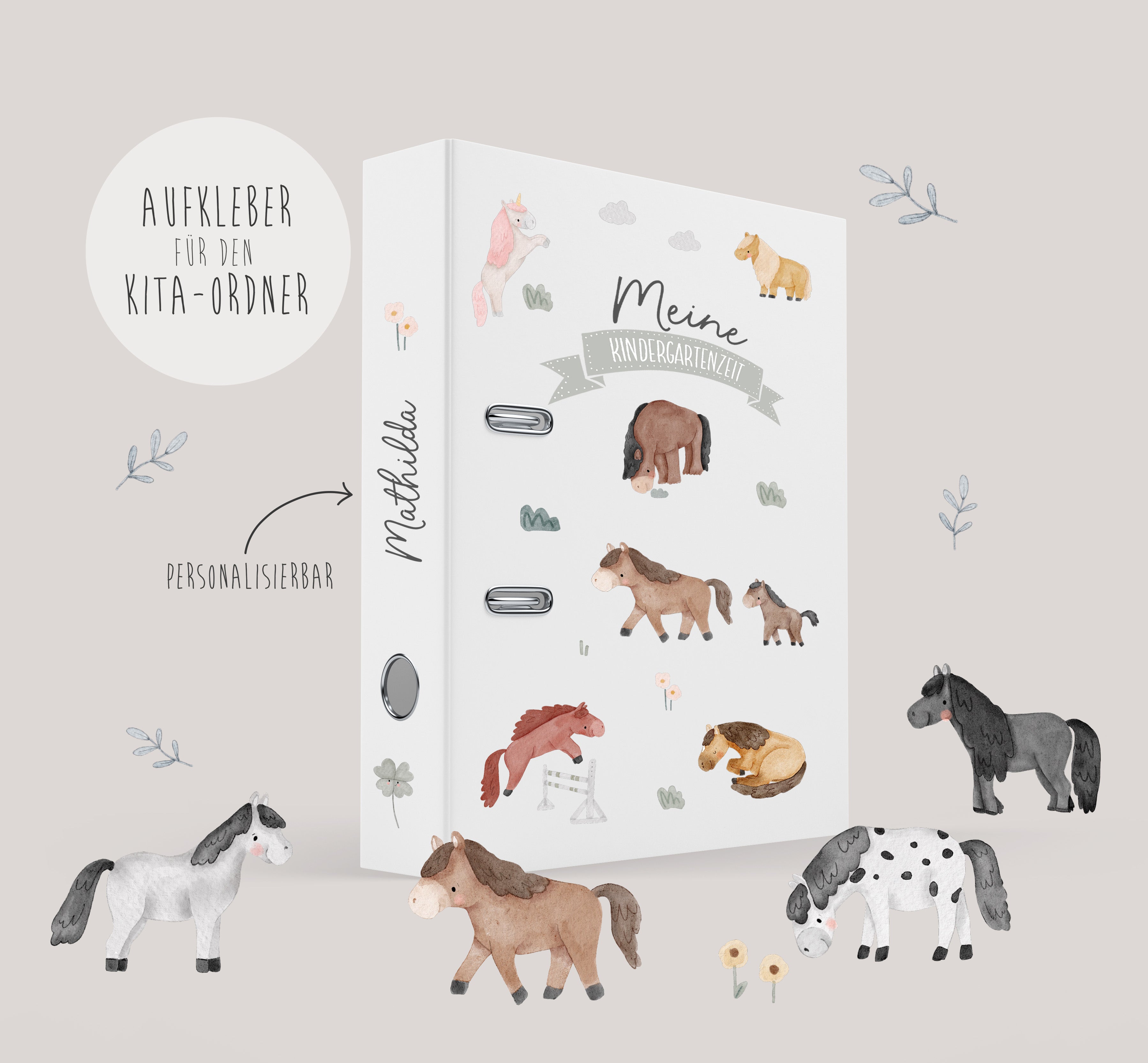Aufkleber/Sticker für den Kindergartenordner / Kitaordner + Einlegeblatt - Pferde