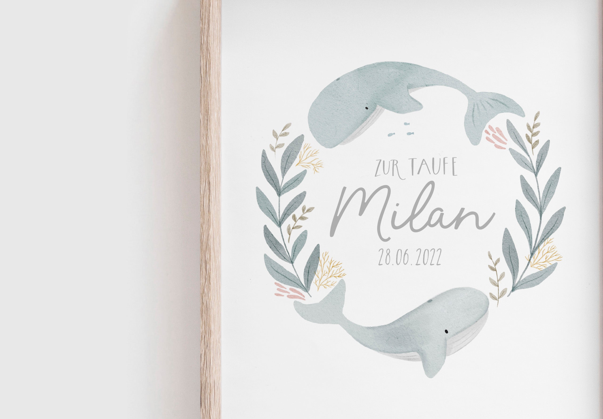 Poster/Kunstdruck / Bild zur Taufe - Süße Wale mit Taufspruch