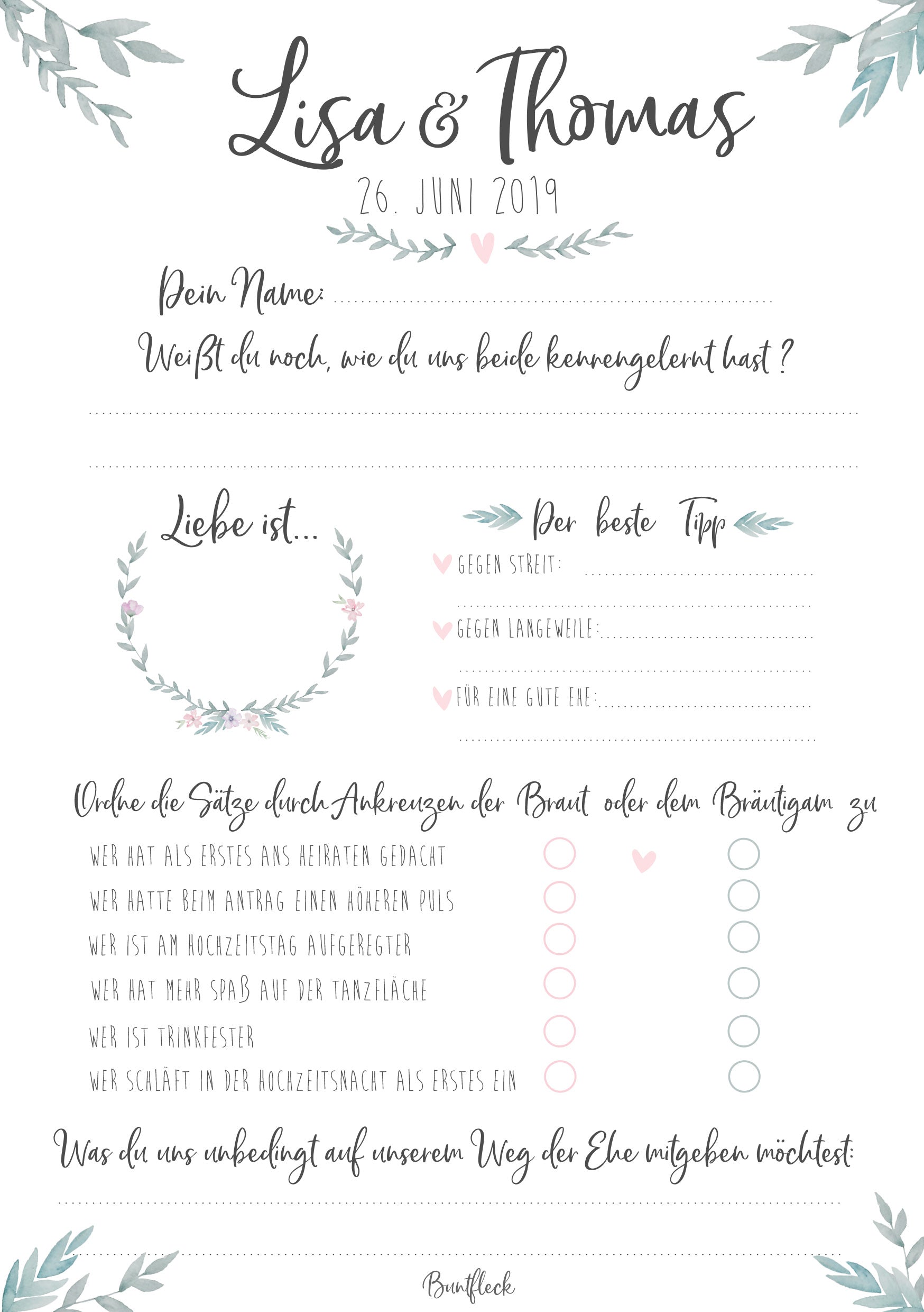 Guest book cards for the wedding