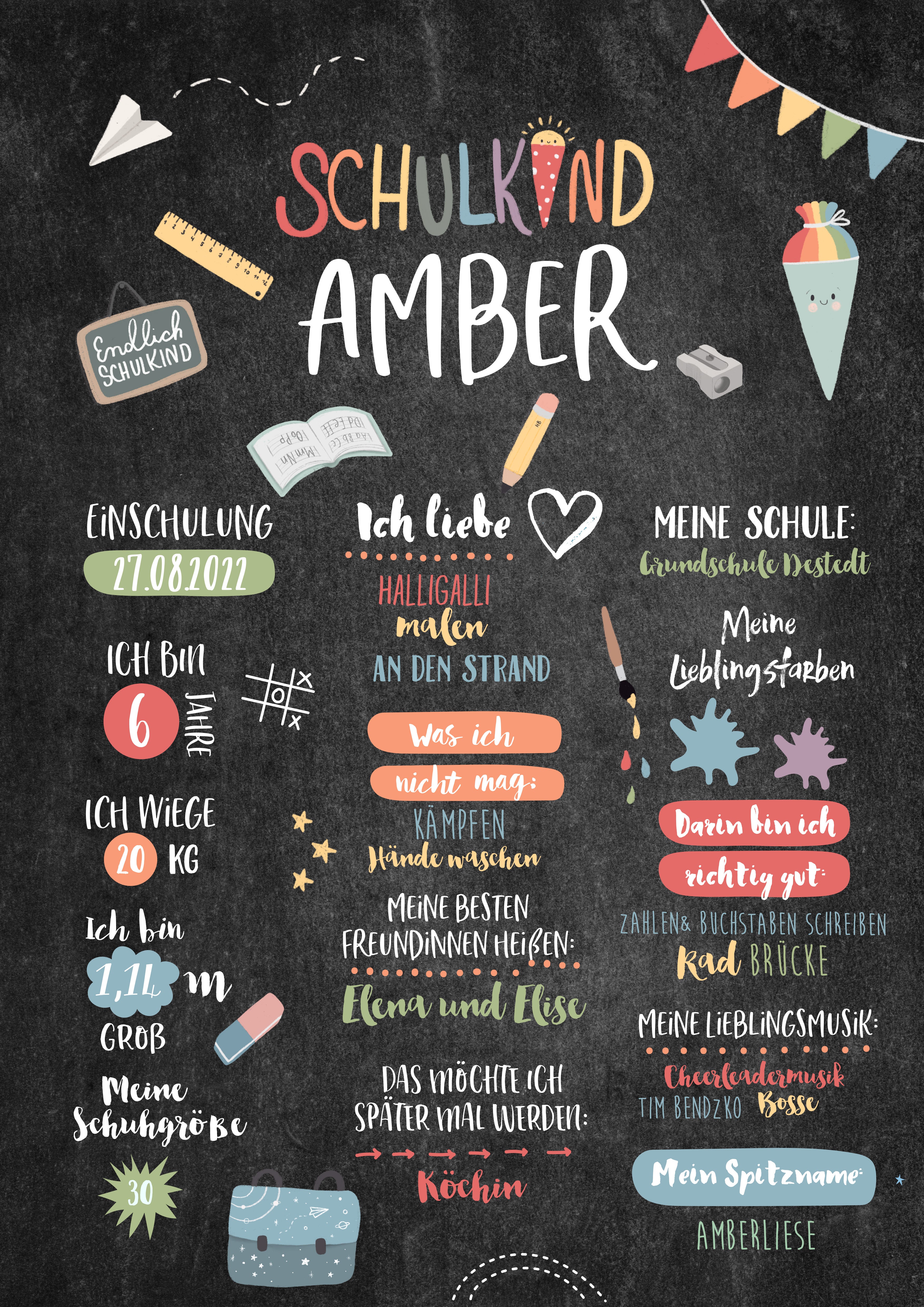 Meilensteintafel zur Einschulung/Schultafel/1.Schultag/Schuleinführung - MARIE tafelgrün