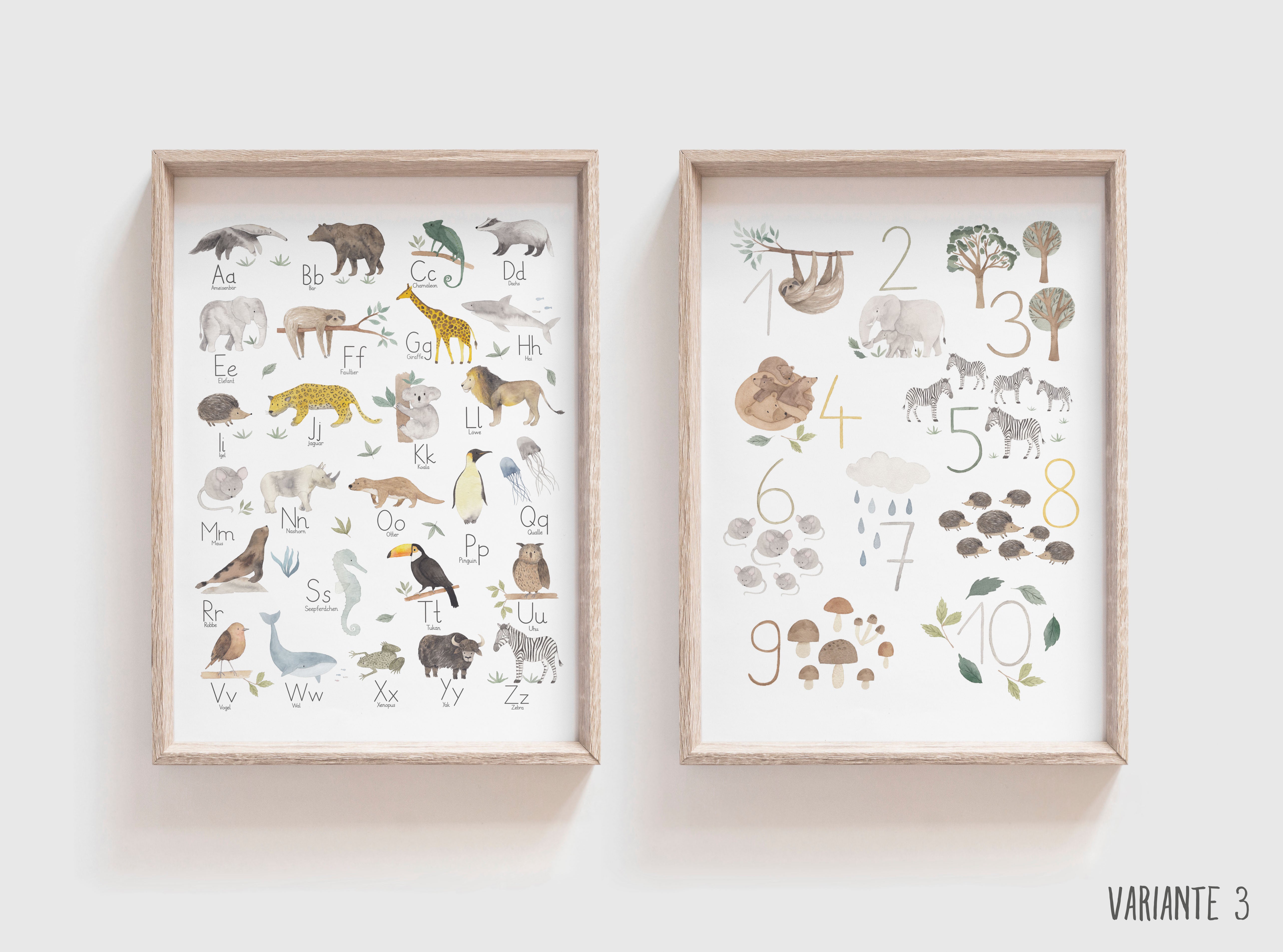 2 er Set Kunstdruck/Poster - Tieralphabet + Zahlen / ABC + Zahlen