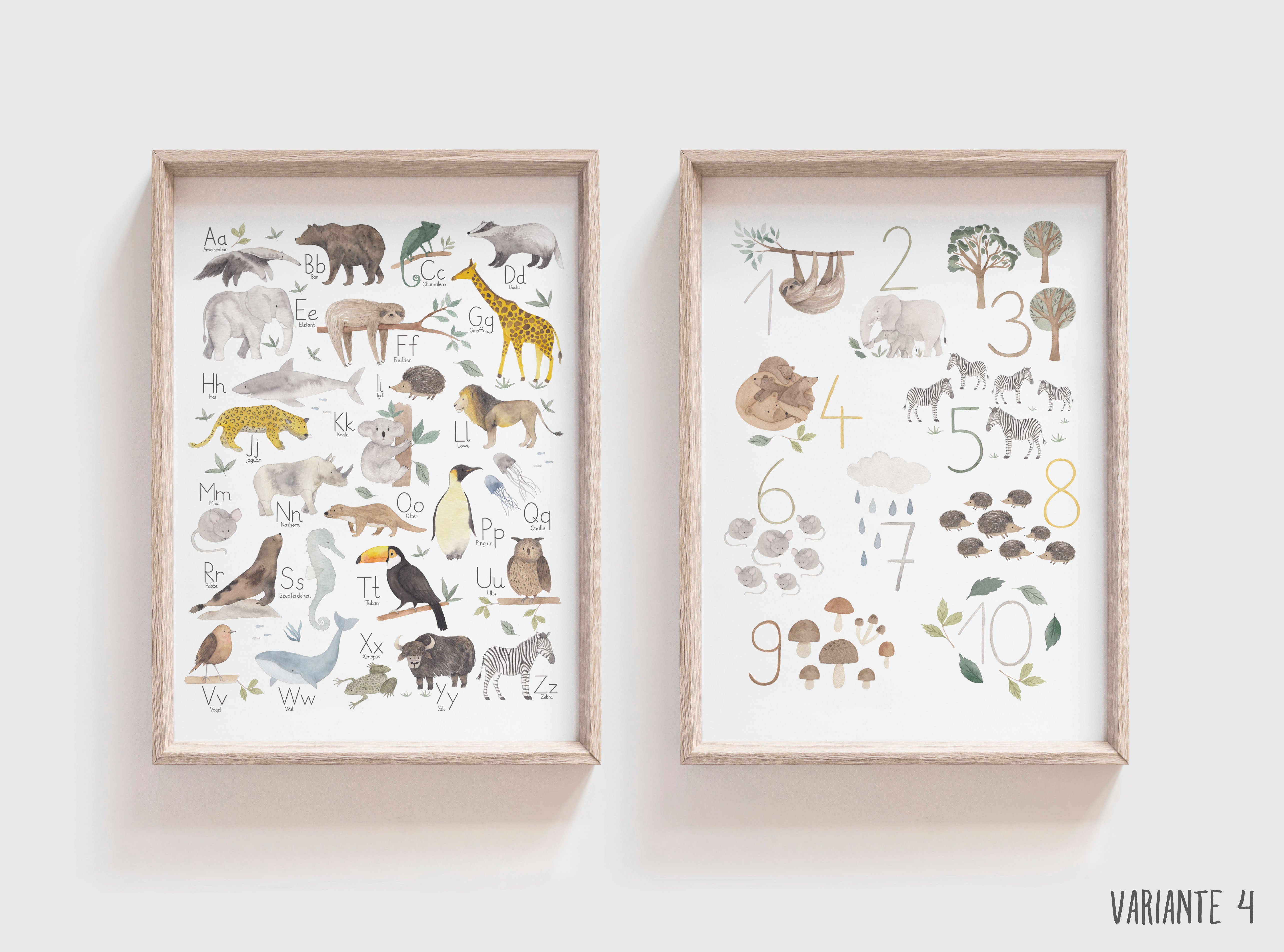 2 er Set Kunstdruck/Poster - Tieralphabet + Zahlen / ABC + Zahlen