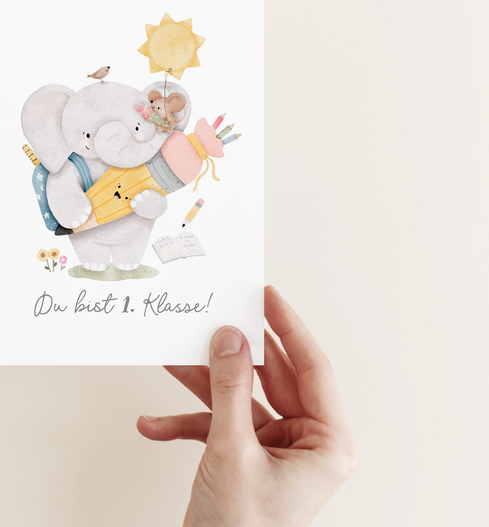 Karte/Postkarte/Grußkarte - Schulanfang kleiner Elefant / Du bist erste Klasse