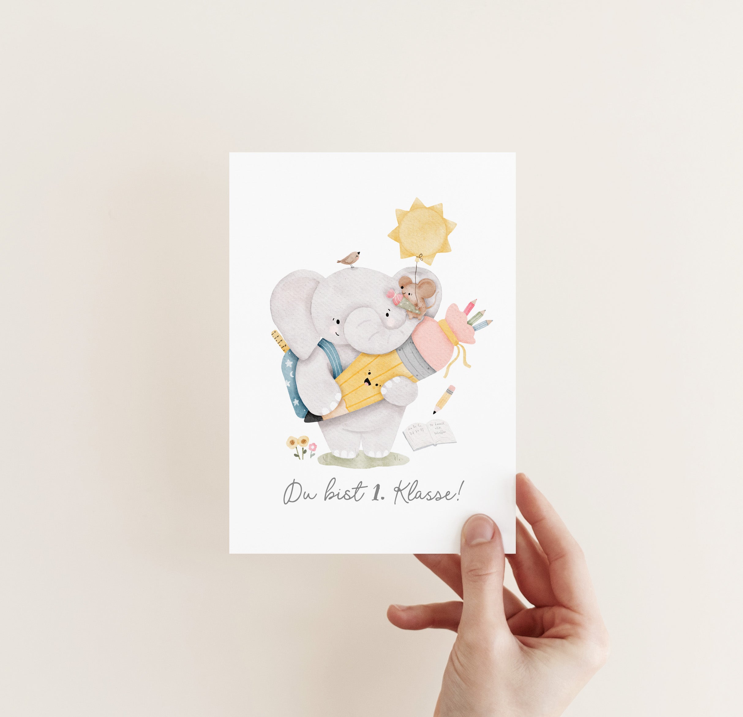 Karte/Postkarte/Grußkarte - Schulanfang kleiner Elefant / Du bist erste Klasse