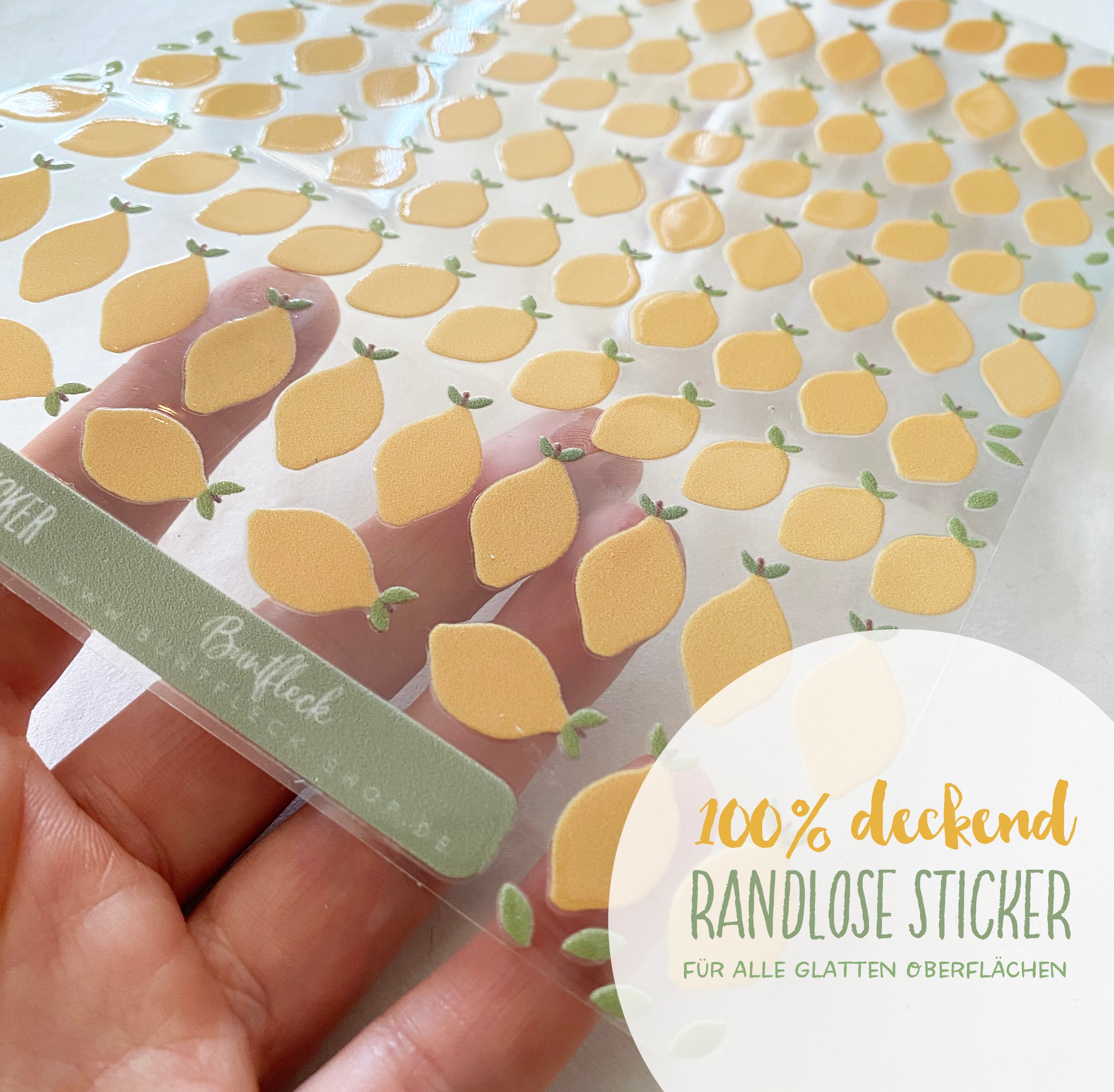 RANDLOSE Sticker / Rub on / für alle glatten Oberflächen / für die Trinkflaschen/Brotdose/ Fahrrad/robust /für innen und außen - Zitronen klein