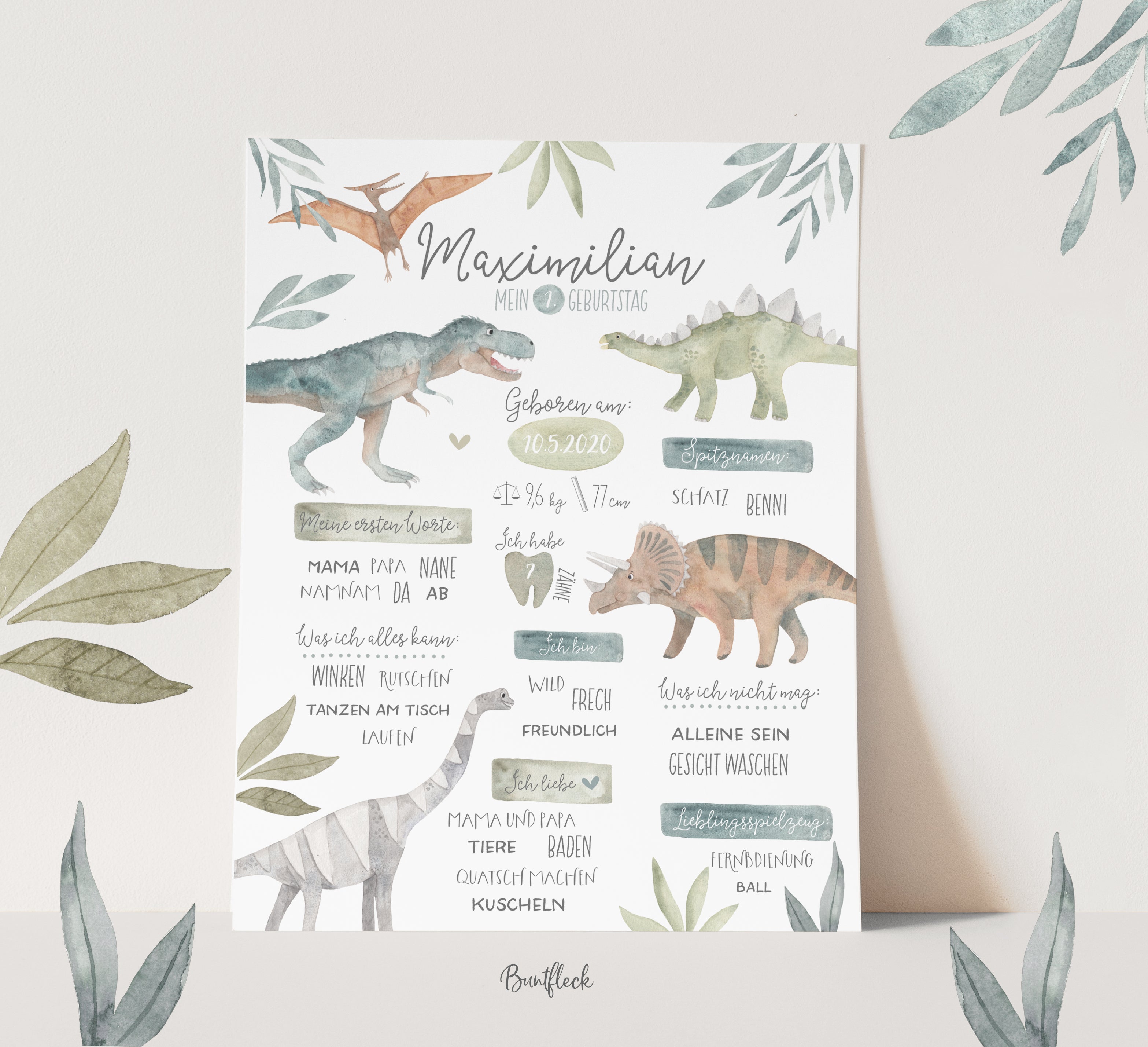 Baby Meilensteintafel / Meilensteintafeln / Geburtsbild / Erster Geburtstag /Kunstdruck - Dinosaurier