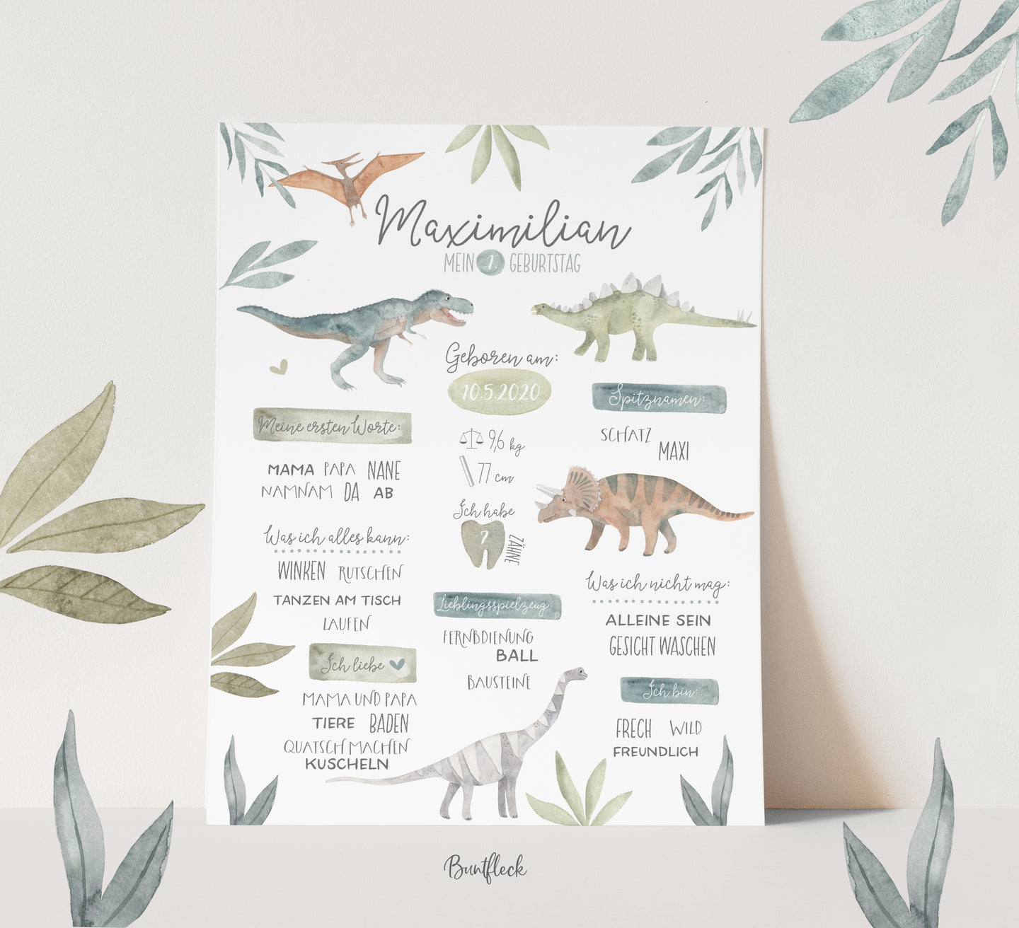 Baby Meilensteintafel / Meilensteintafeln / Geburtsbild / Erster Geburtstag /Kunstdruck - Dinosaurier