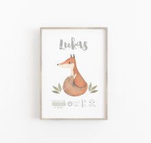 Laden Sie das Bild in den Galerie-Viewer, Geburtsbild/Poster/Print/Taufe/Geburt - Fuchs/Hase/Igel