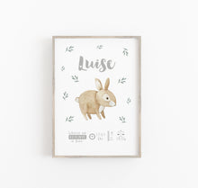 Laden Sie das Bild in den Galerie-Viewer, Geburtsbild/Poster/Print/Taufe/Geburt - Fuchs/Hase/Igel