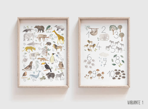 2 er Set Kunstdruck/Poster - Tieralphabet + Zahlen / ABC + Zahlen